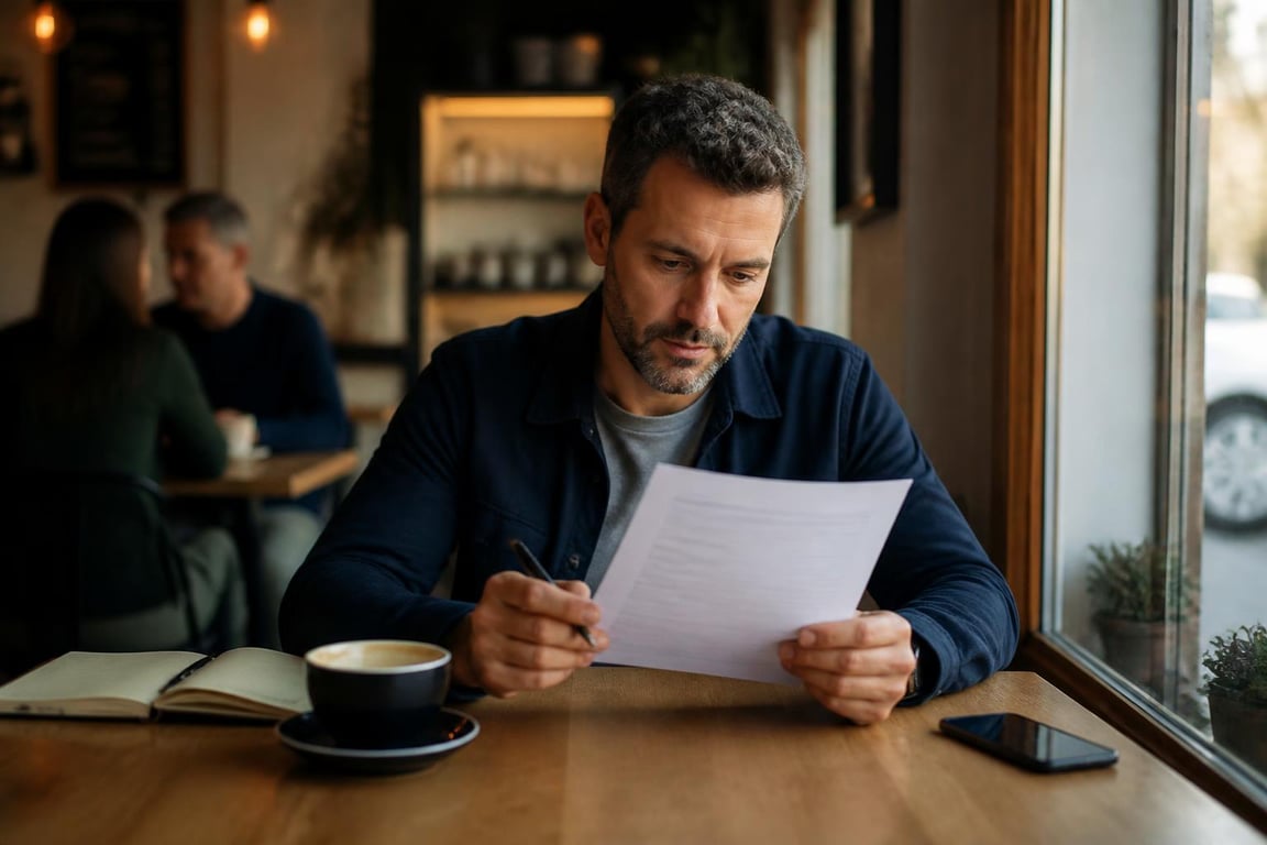 A business owner reads a printed SEO copywriting definition page at a cafe table with focused attention