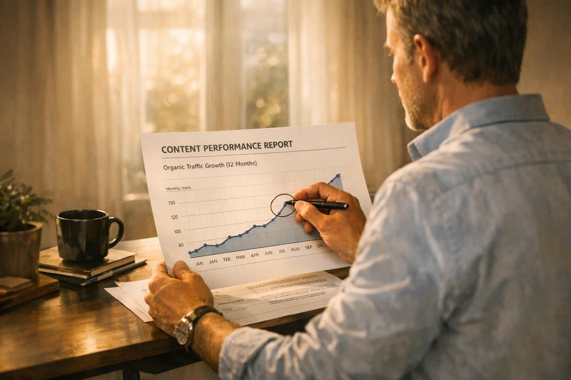 Man analyzing content performance report showing organic traffic growth over 12 months with rising monthly visits graph.
