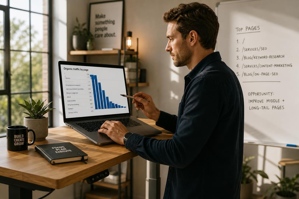 Business owner analyzing organic traffic data by page on a laptop to identify top-performing SEO content for optimization