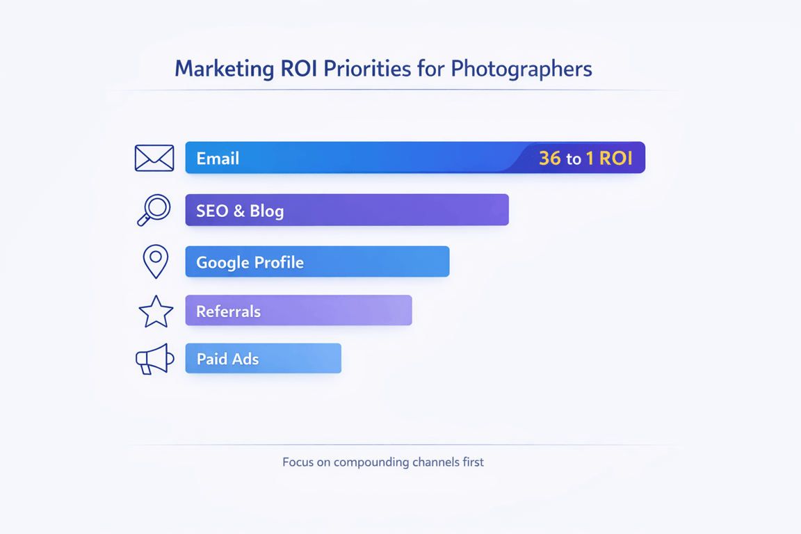 Marketing ROI priorities for photographers showing email highest at 36 to 1 ROI, followed by SEO, Google Profile, Referrals, and Paid Ads.