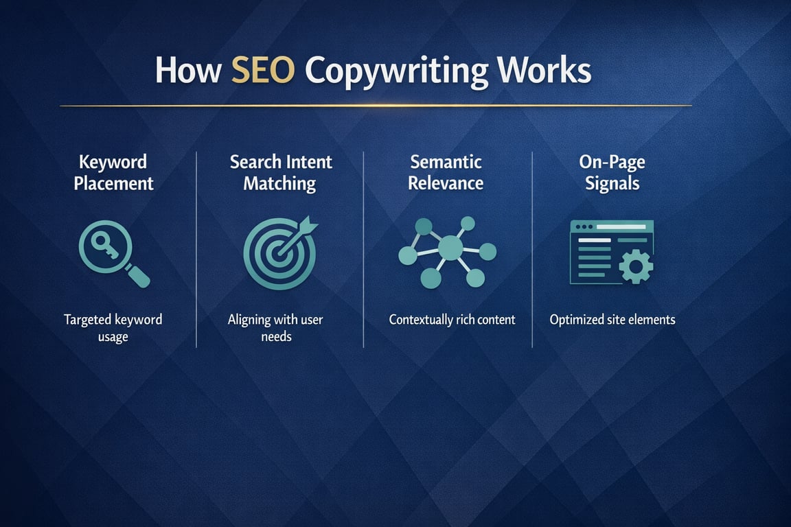 How SEO copywriting works with keyword placement, search intent matching, semantic relevance, and on-page signals for optimized content.