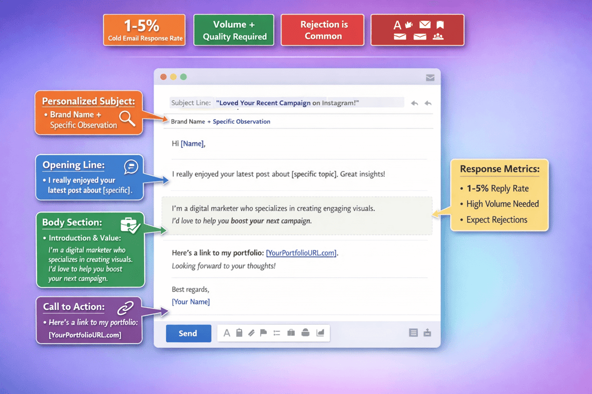 Cold email template breakdown with personalized subject, opening line, body, call to action, and response metrics tips.