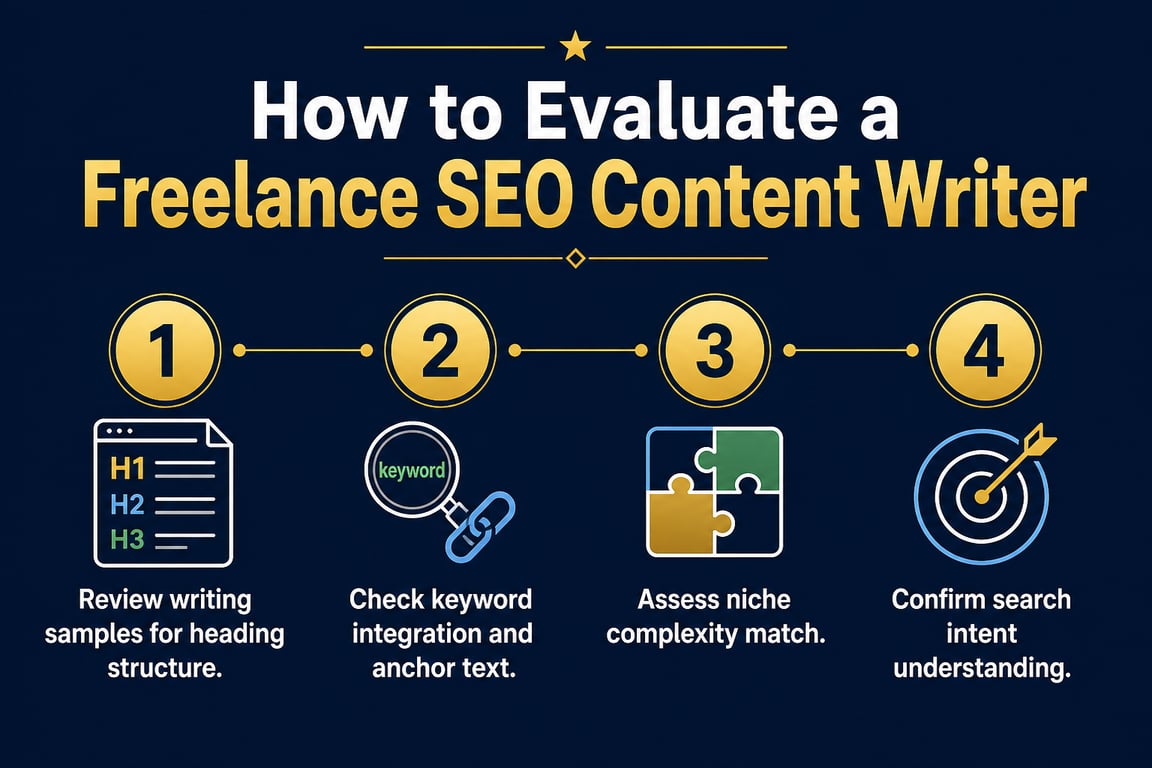 Infographic showing a four-step process for evaluating a freelance SEO content writer portfolio and skills