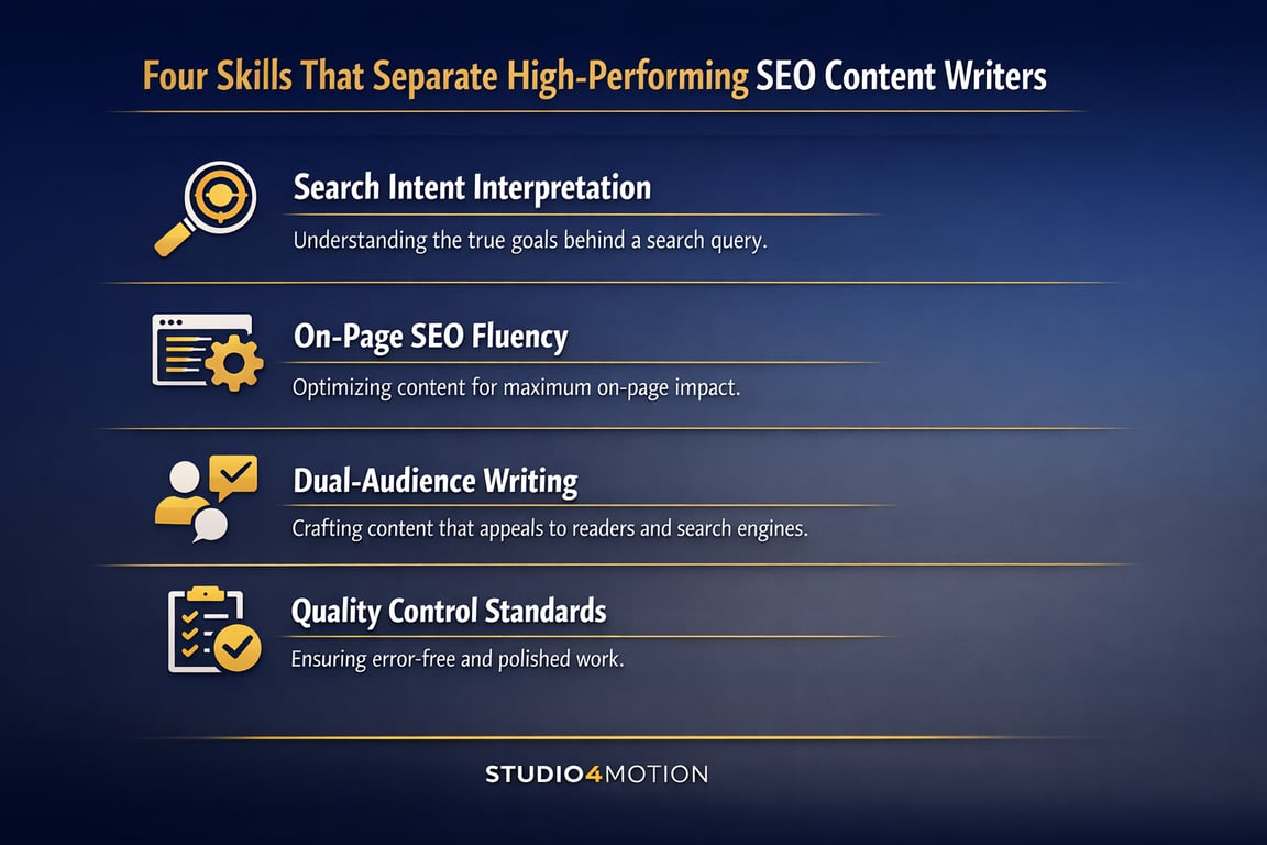 Four skills that separate high-performing SEO content writers: search intent, on-page SEO, dual-audience writing, quality control.
