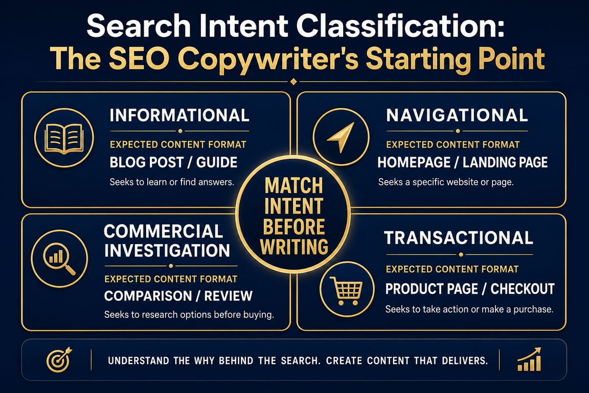 Four-quadrant infographic classifying search intent types and matching content formats for SEO copywriters