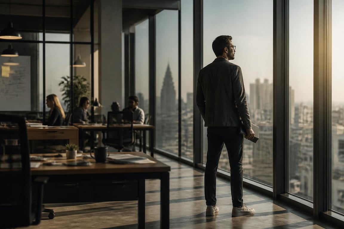 Marketing director standing at a large office window with a tablet, looking outward in a reflective moment