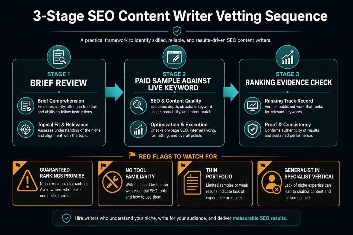 Three-stage SEO content writer vetting framework infographic with evaluation criteria and four red flag indicators for business owners