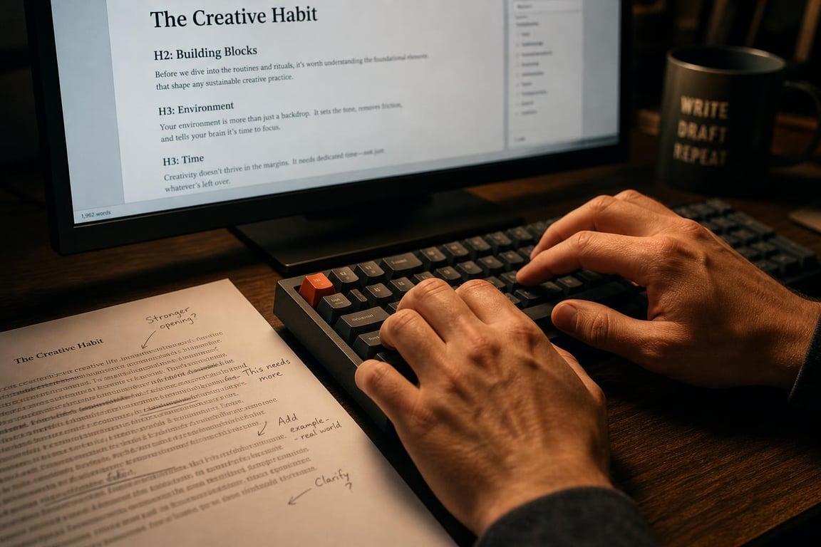 Writer's hands on keyboard drafting structured SEO web page copy with heading hierarchy visible on screen behind