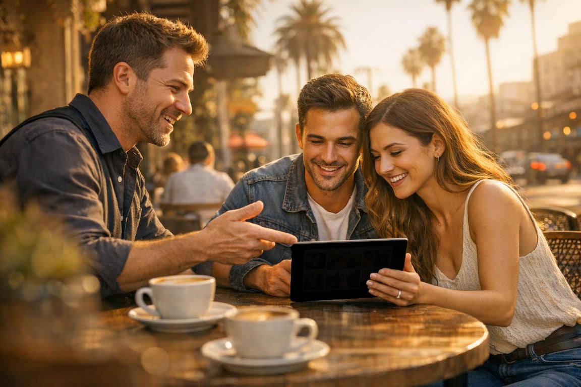 Three friends smiling and looking at a tablet while sitting at an outdoor café table with coffee cups.