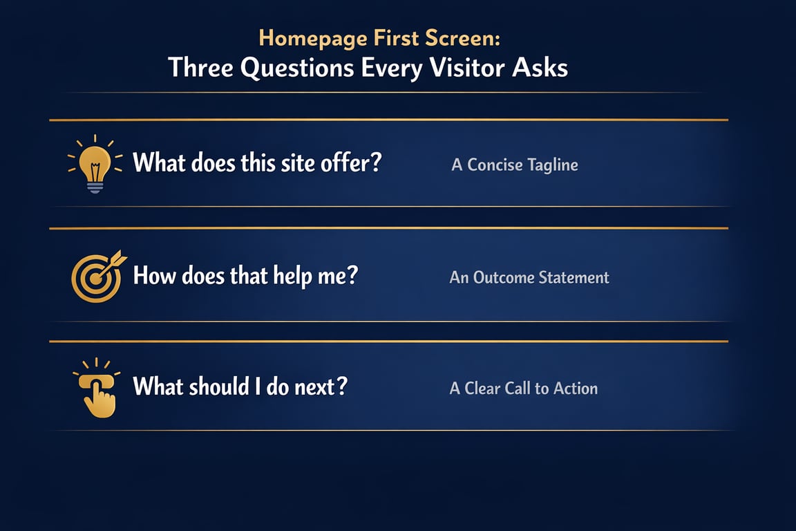 Three essential homepage questions: What does this site offer, how does it help me, and what should I do next?