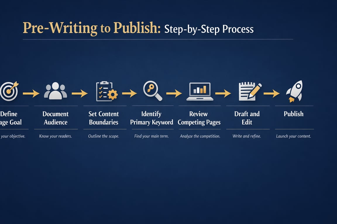 Step-by-step pre-writing to publish process: define goal, document audience, set boundaries, identify keywords, review competition, draft, edit, publish.