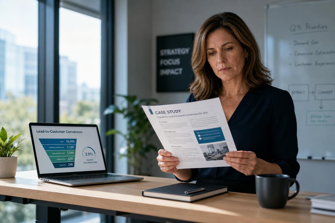 Marketing director reading a B2B case study at a standing desk beside a laptop showing a conversion rate chart