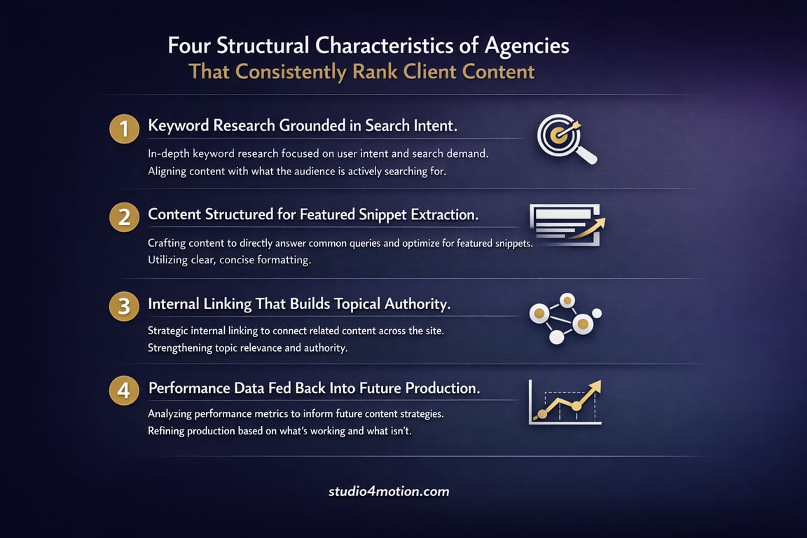 Four structural characteristics of agencies that rank client content: keyword research, featured snippets, internal linking, performance data.