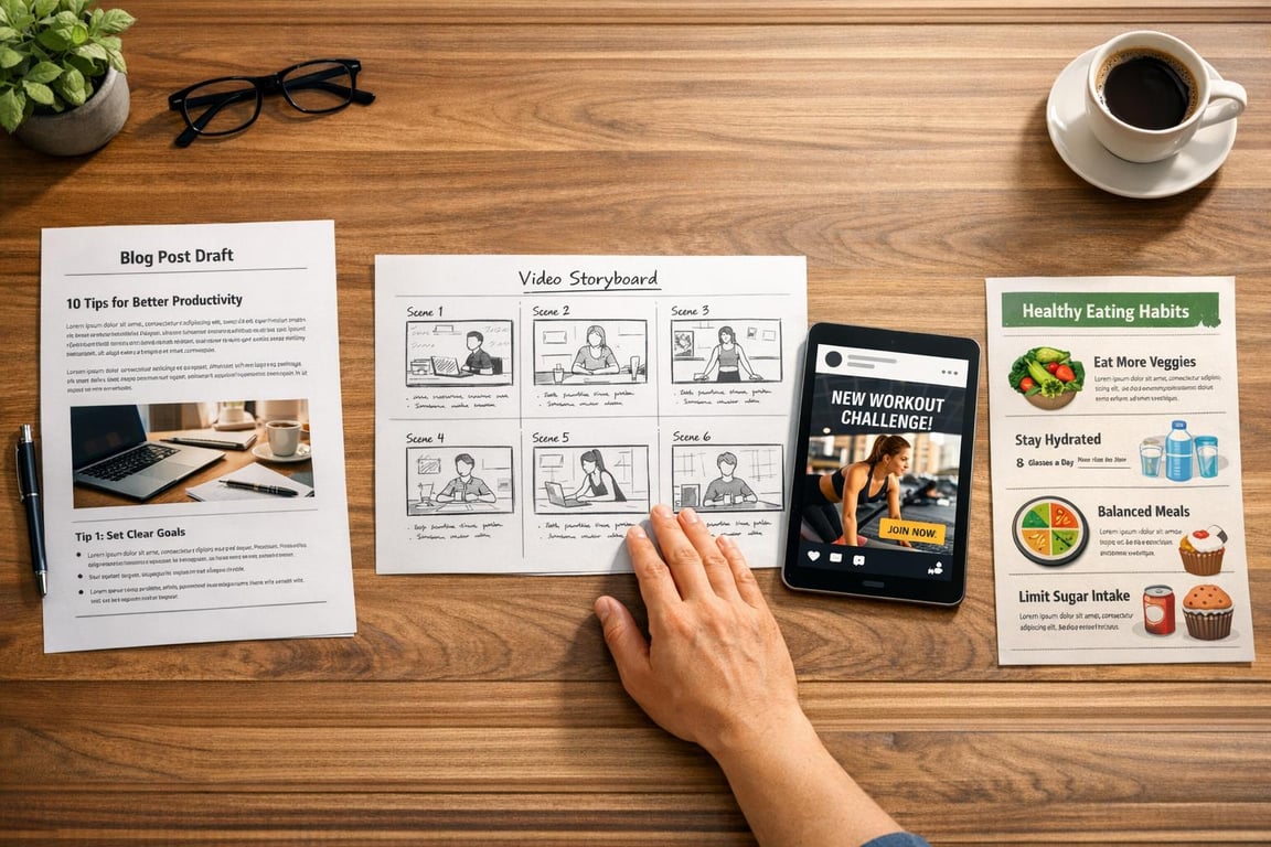 Workspace with productivity tips, video storyboard sketches, a tablet showing a workout challenge, healthy eating habits flyer, and a coffee cup.
