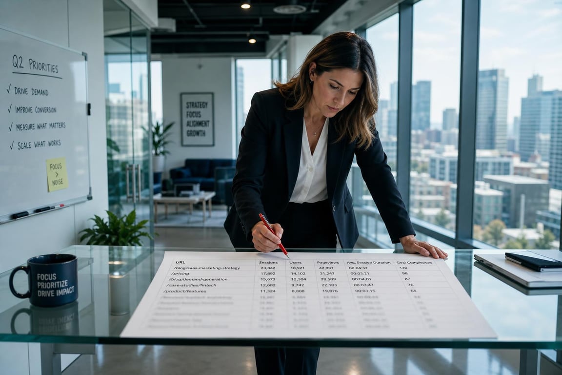 Marketing director marking top-performing SEO content pages on a printed spreadsheet to apply the 80/20 rule of SEO
