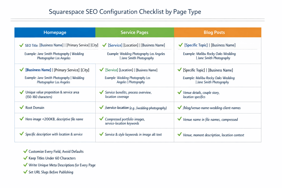 Squarespace SEO configuration checklist outlining key SEO elements for homepage, service pages, and blog posts by page type.