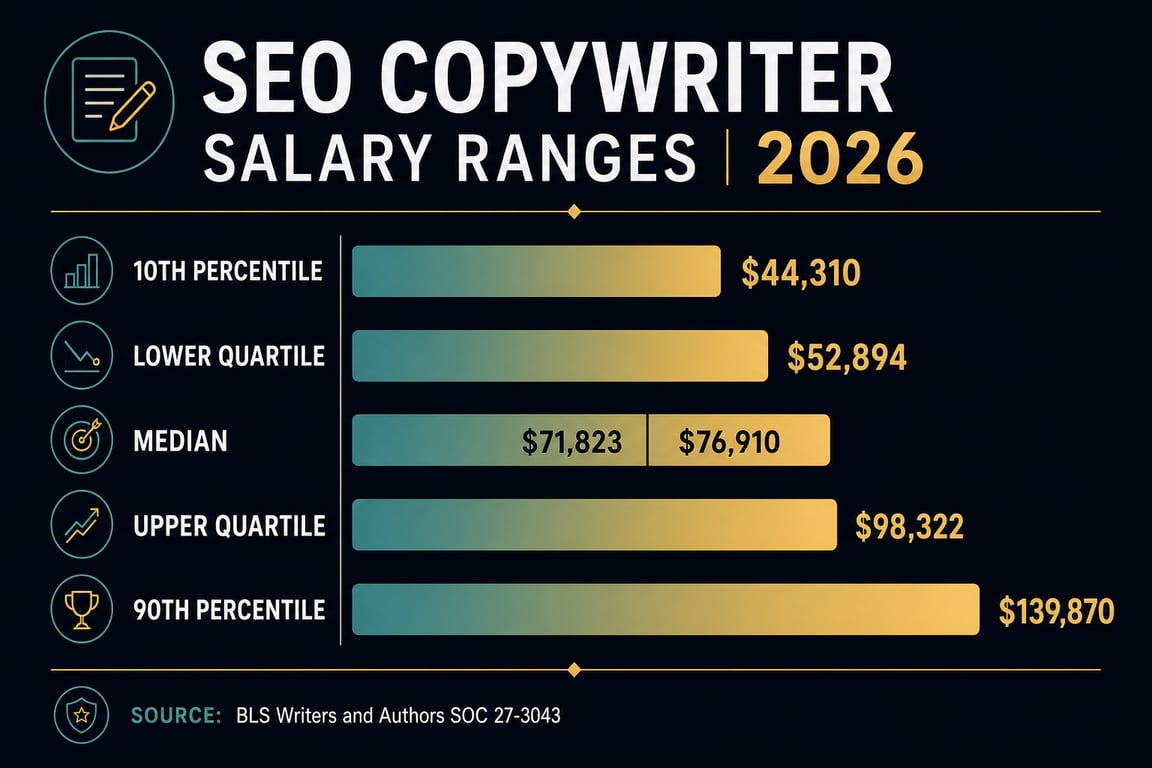 Infographic showing 2026 SEO copywriter salary ranges from BLS data, from 44K at the 10th percentile to 139K at the 90th