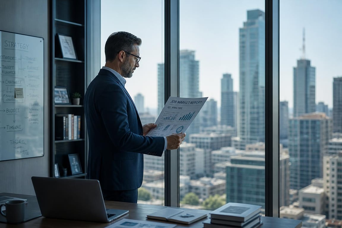 A marketing director reviewing an SEO content writing job market report at a high-rise office window with city skyline behind