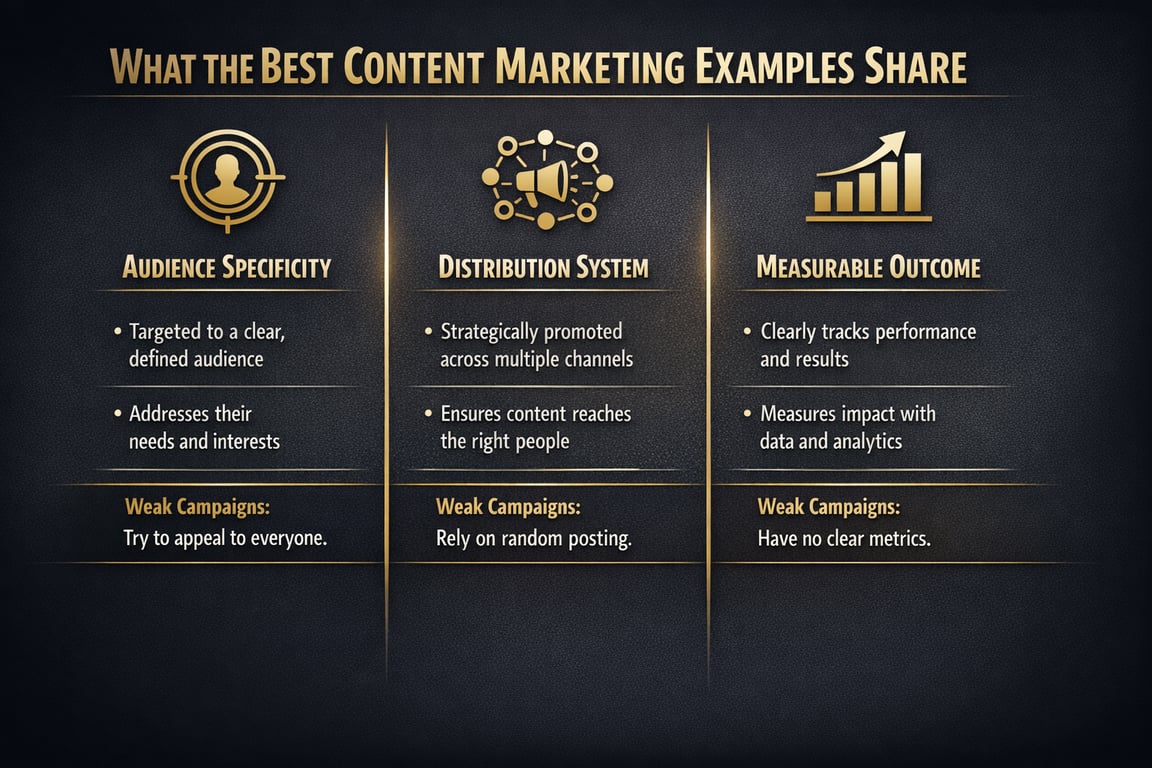 Key elements of successful content marketing: audience specificity, strategic distribution, and measurable outcomes with clear metrics.