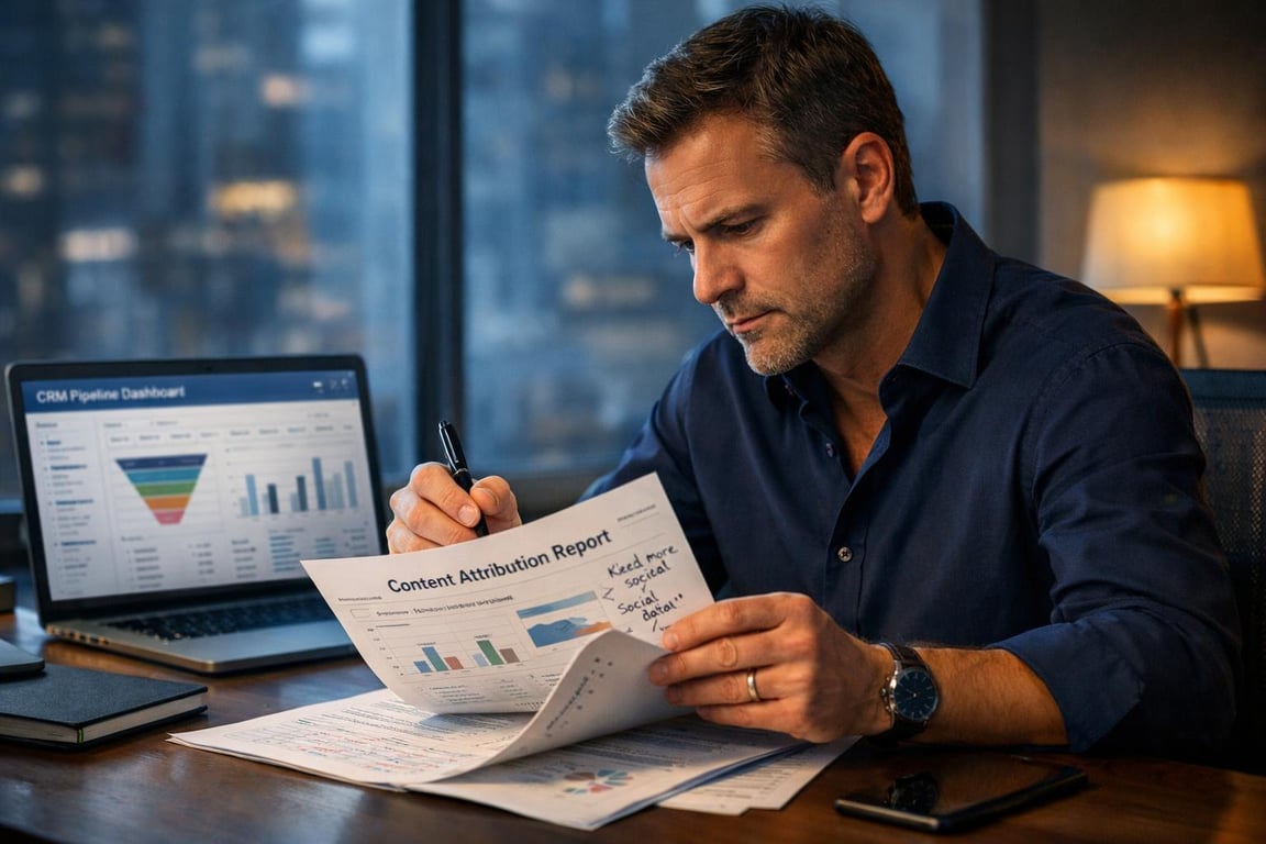 Man analyzing content attribution report with graphs and notes, working late in a modern office environment.