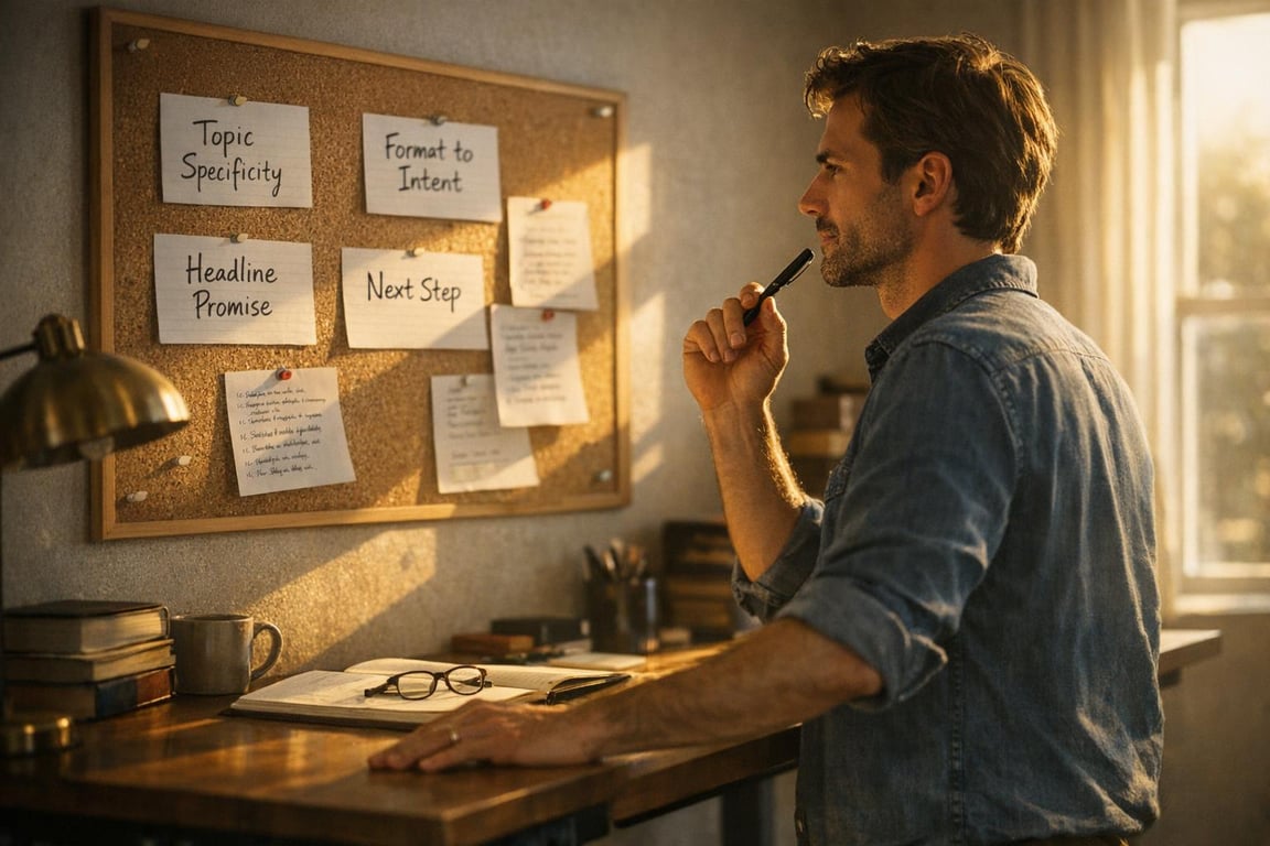 Man planning content strategy with notes on corkboard, thoughtful expression, desk with books, glasses, and a coffee mug.
