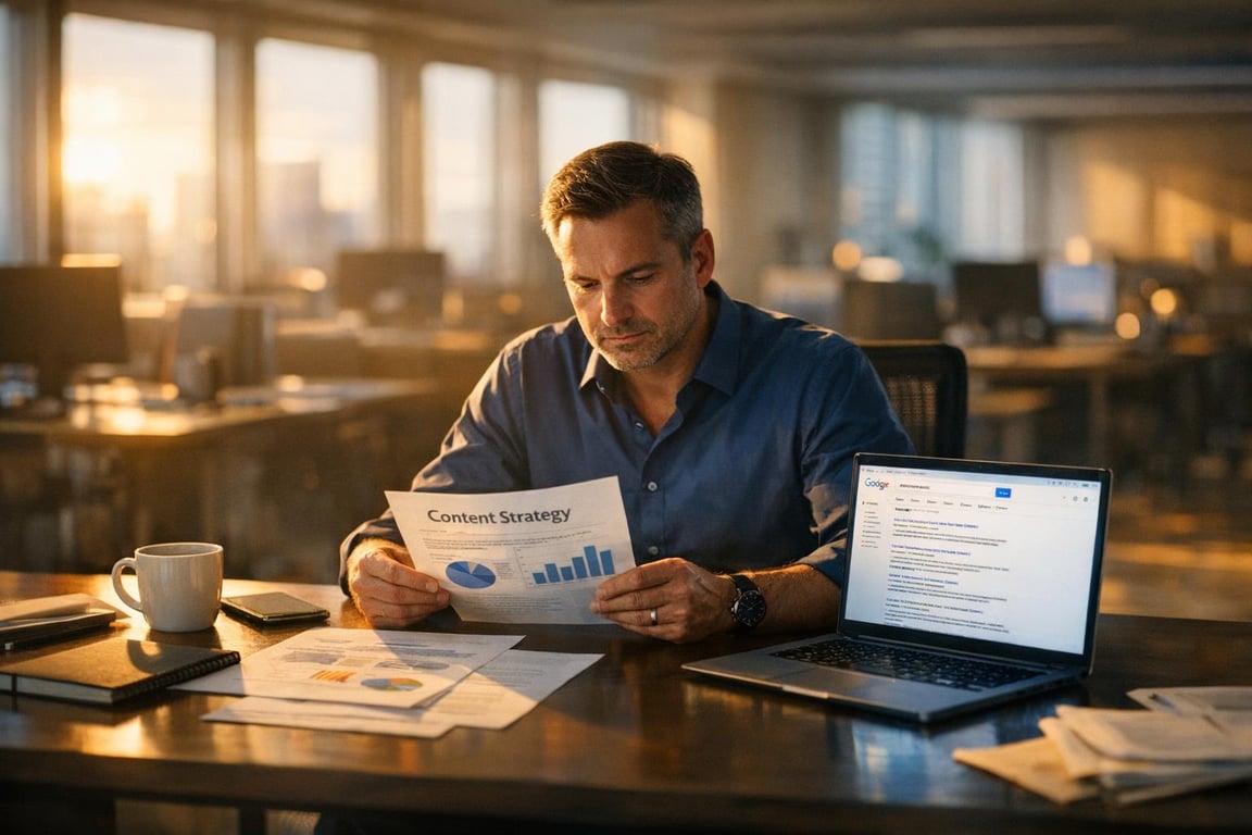Man analyzing content strategy documents and charts at desk with laptop in modern office during sunset.