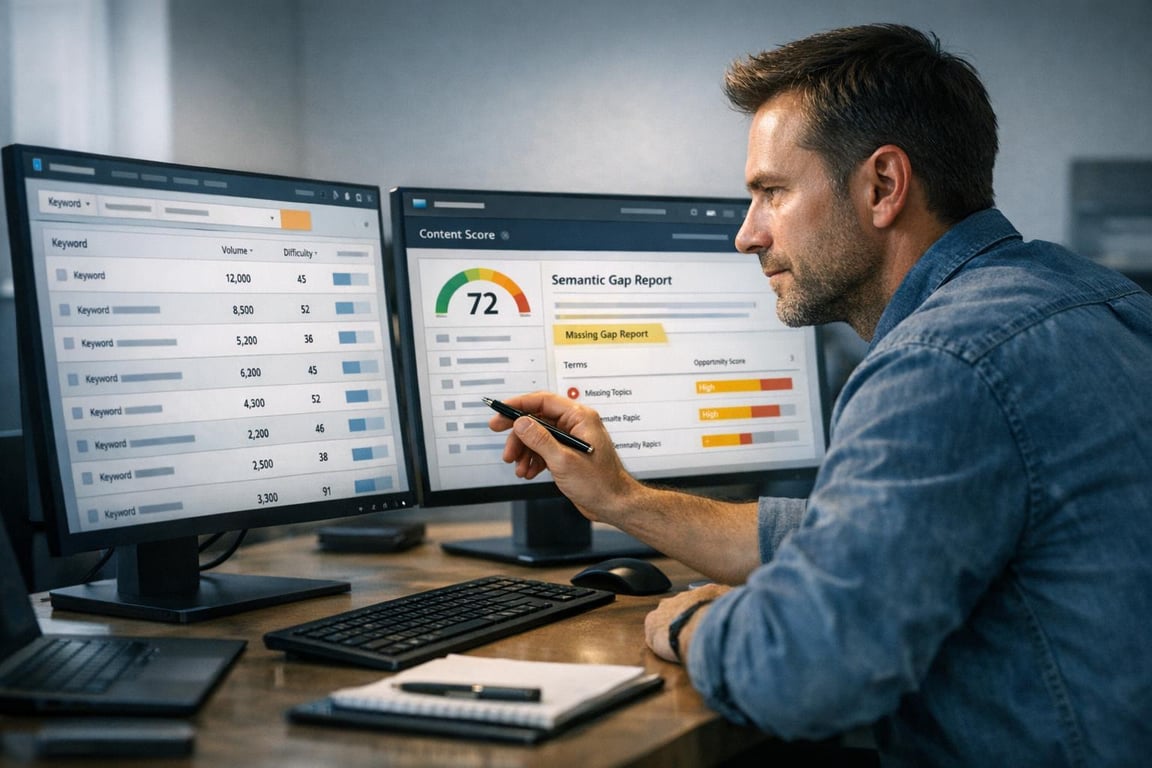 Man analyzing keyword data and semantic gap report on dual monitors at a desk with keyboard and notepad.