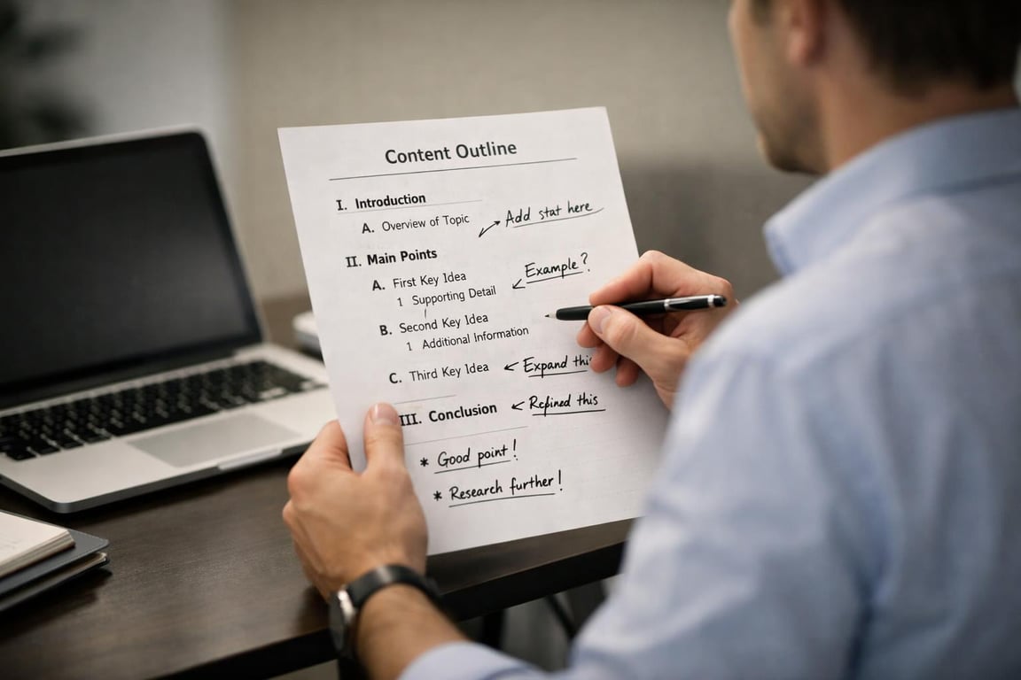 Man reviewing and annotating a printed content outline with key ideas and notes beside a laptop on a desk.