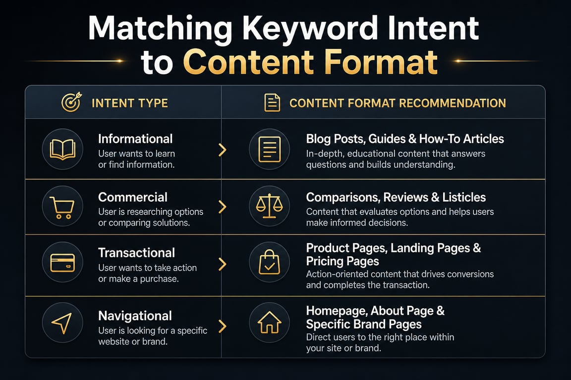 Infographic comparing four keyword search intent types to their matching SEO content formats for an SEO content strategy