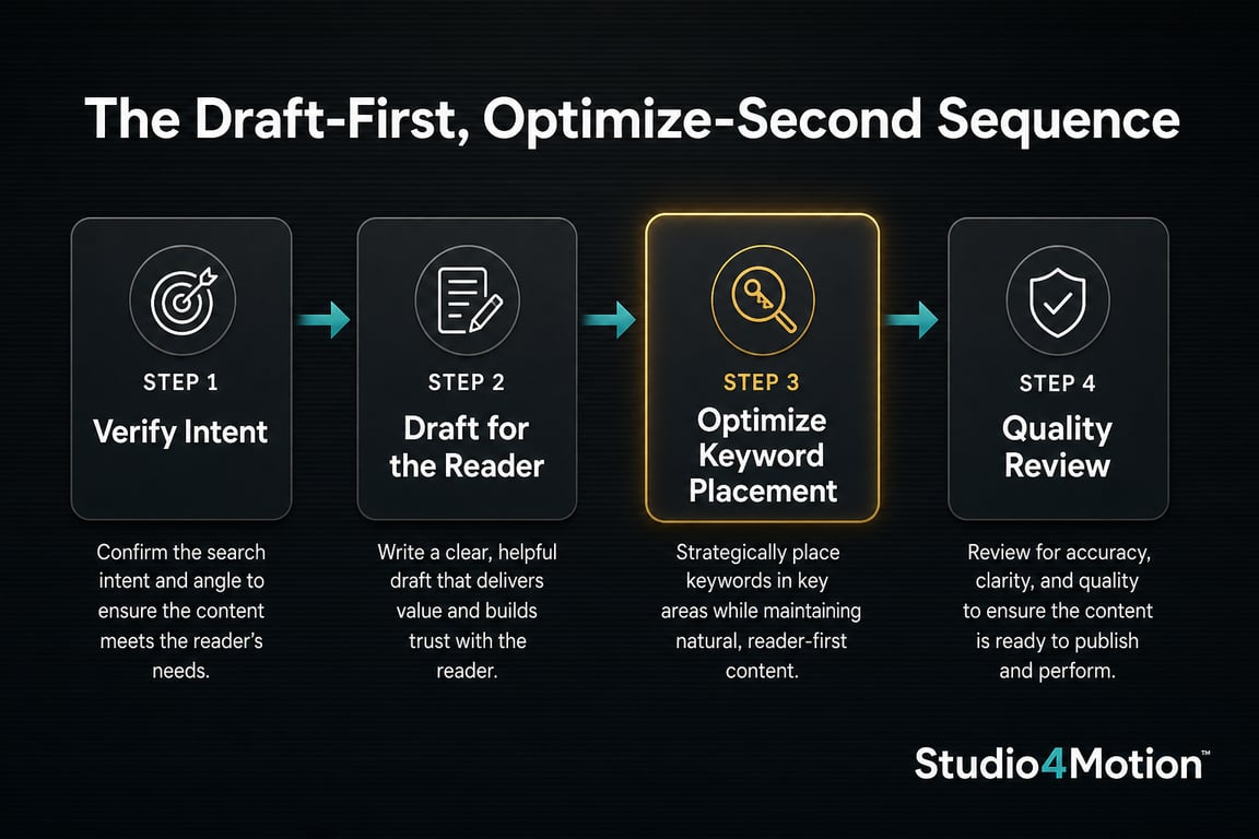 Four-stage infographic showing the draft-first optimize-second sequence for writing SEO optimized copy without keyword stuffing