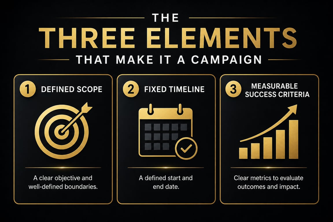 Infographic showing the three elements of an SEO campaign: defined scope, fixed timeline, and measurable success criteria with icon panels