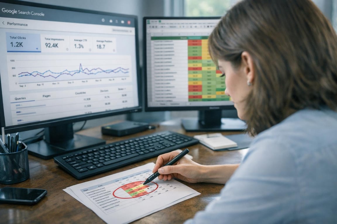 Person analyzing SEO performance data with charts and heatmaps on computer screens and printed report at desk.