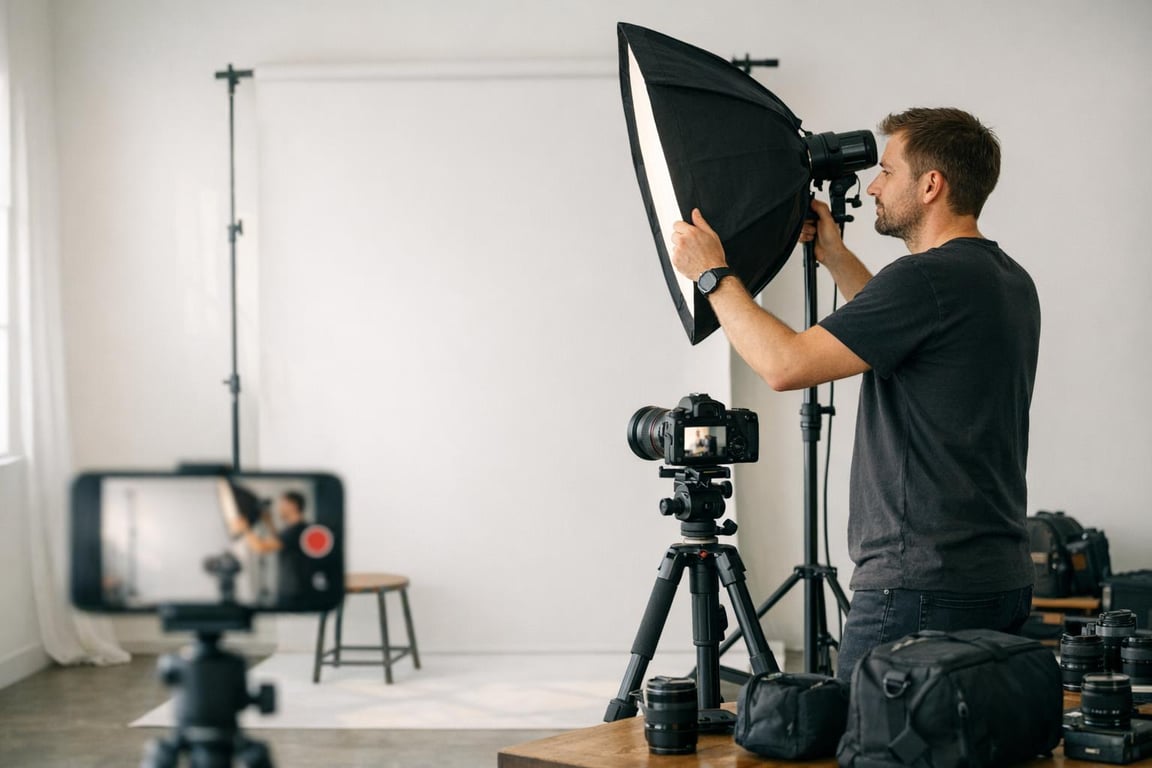 Photographer adjusting studio softbox light with camera on tripod and phone recording in bright minimalist room.
