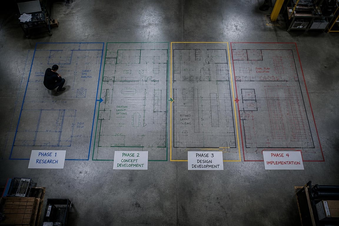 Overhead view of a lone figure examining a four-phase SEO campaign floor plan laid out in color-coded zones in an industrial space