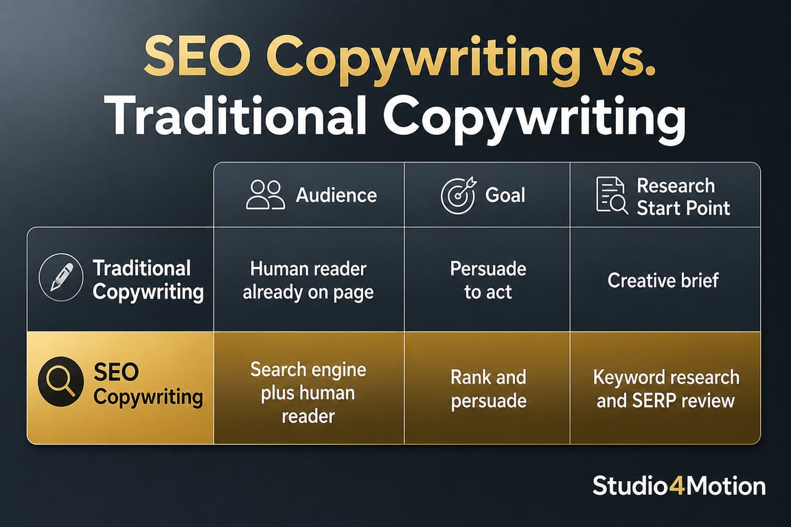 Comparison infographic contrasting traditional copywriting and SEO copywriting across audience, goal, and research start point