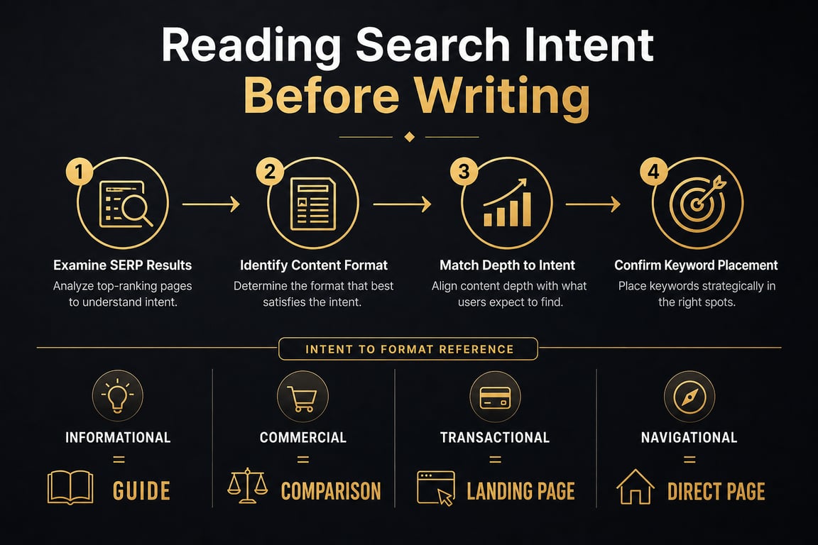 Infographic showing a four-stage process for reading search intent before writing SEO copy, from SERP analysis to keyword placement
