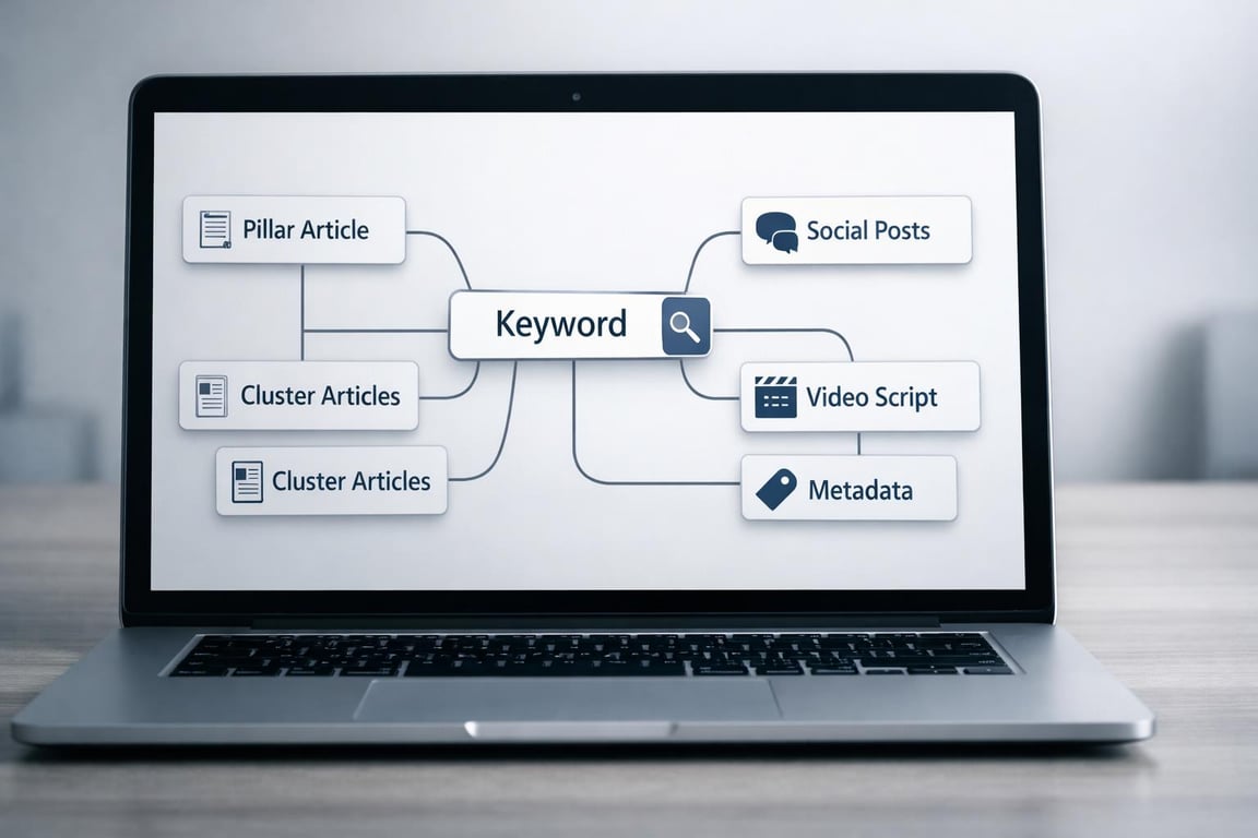 Keyword research mind map showing connections to pillar article, cluster articles, social posts, video script, and metadata.