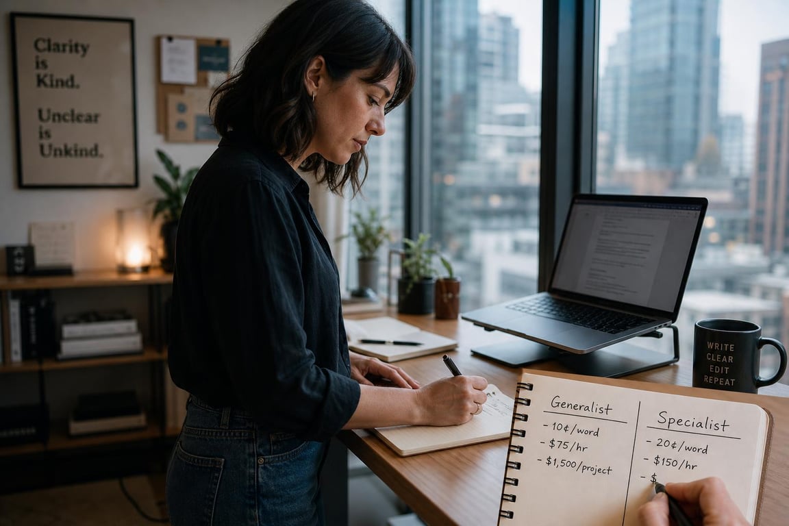 Freelance copywriter writing specialist rate comparisons in a notebook at a standing desk with city buildings in soft focus outside