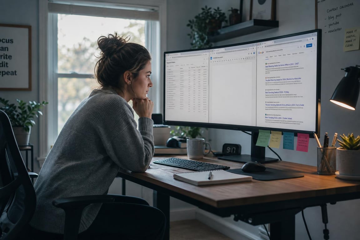 SEO copywriter at a standing desk reviewing keyword research, a blank document, and SERP results on a wide monitor