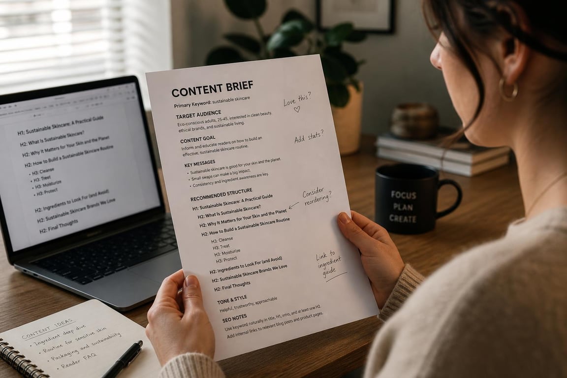 SEO copywriter reading an annotated content brief before drafting a structured SEO content page