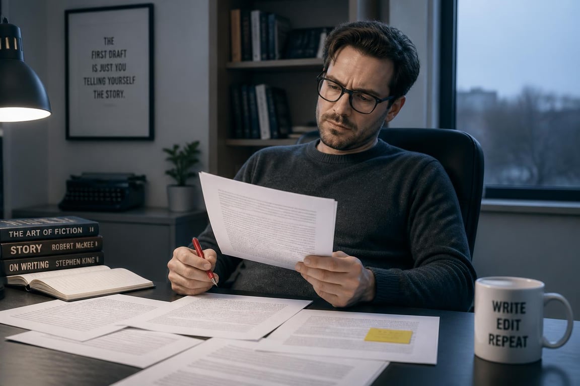 Writer reviewing a printed draft with a red pen during a pre-publish content audit