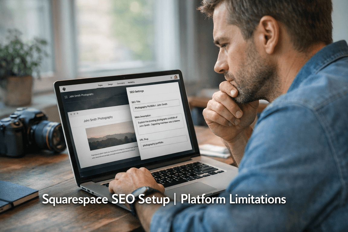 Man focused on laptop screen editing SEO settings for a photography portfolio website on Squarespace platform.
