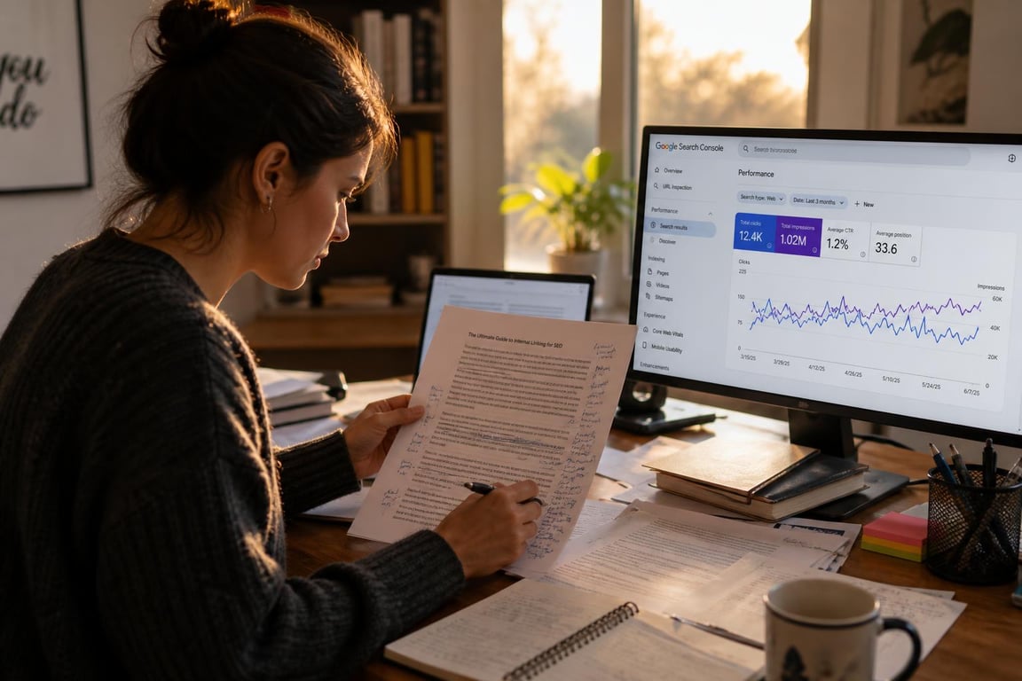Content professional annotating a printed draft with optimization notes while reviewing a Search Console performance graph