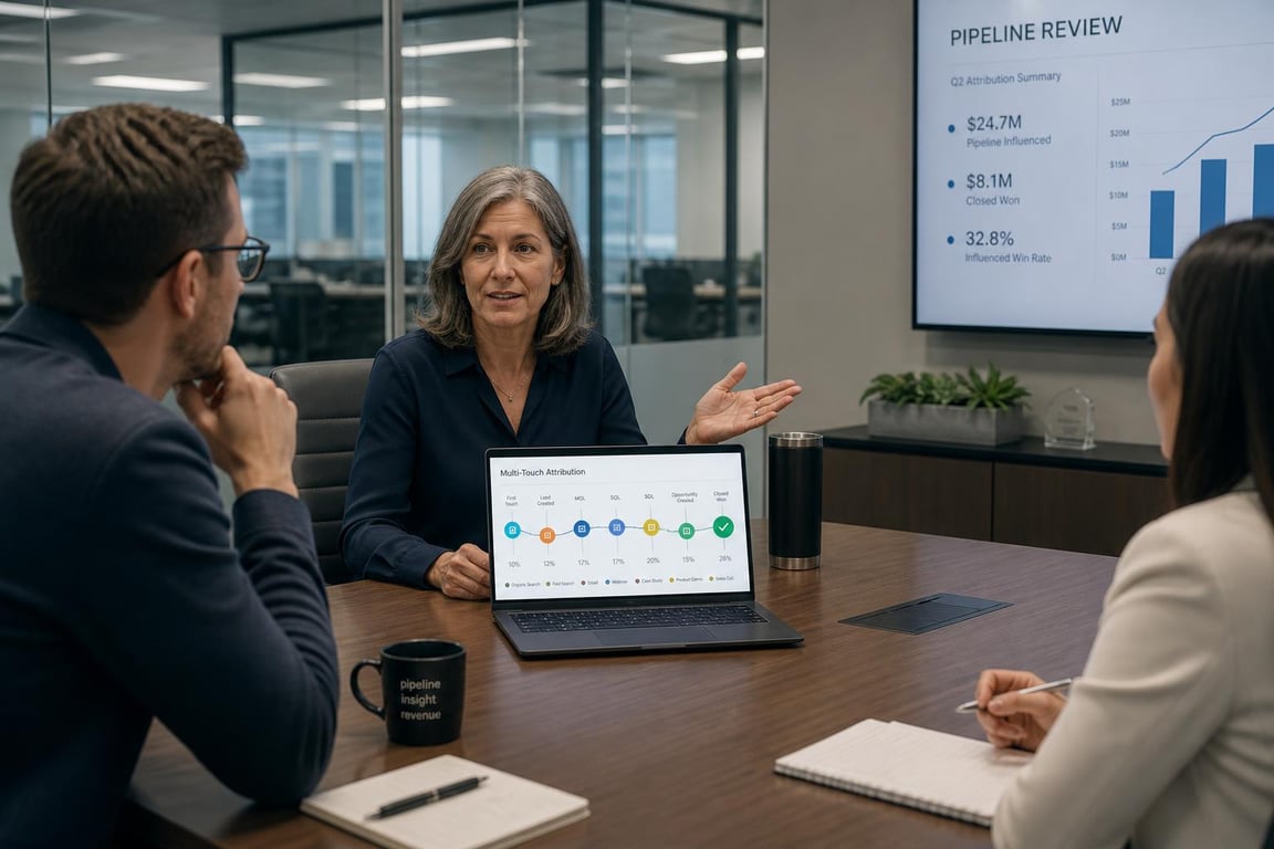 Senior marketing strategist presenting multi-touch content attribution data to colleagues in a glass-walled conference room