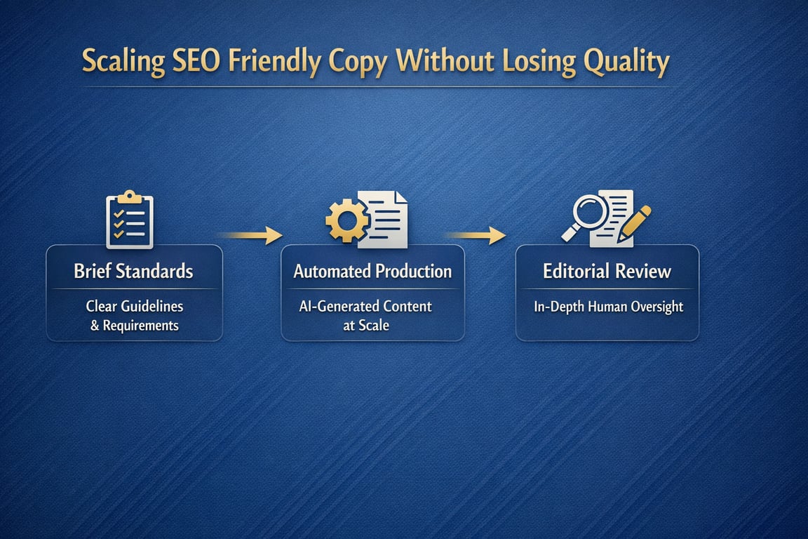 Scaling SEO friendly copy with brief standards, AI-generated content, and in-depth human editorial review process.