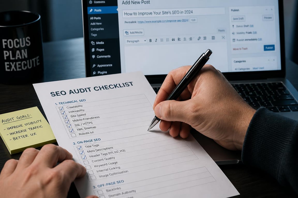 Close-up of hands working through a printed on-page SEO audit checklist beside an open laptop