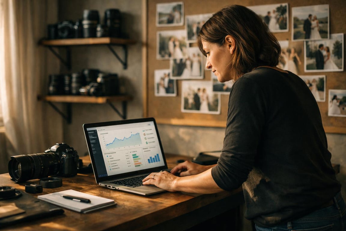 Woman analyzing business data and graphs on laptop in a cozy workspace with photography equipment and wedding photos.