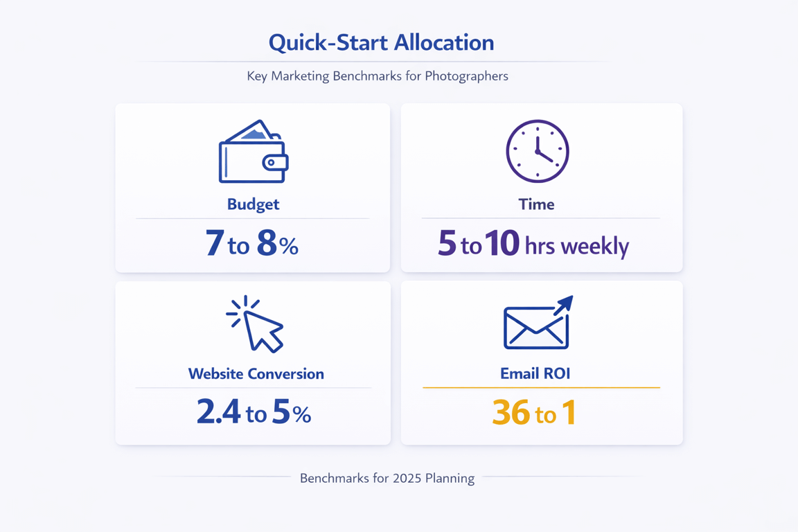Quick-start allocation benchmarks for photographers: Budget 7-8%, Time 5-10 hrs weekly, Website conversion 2.4-5%, Email ROI 36 to 1.