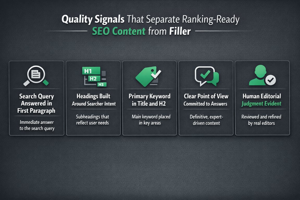Quality signals separating ranking-ready SEO content from filler, including search query answered, headings, keywords, clear viewpoint, and editorial review.