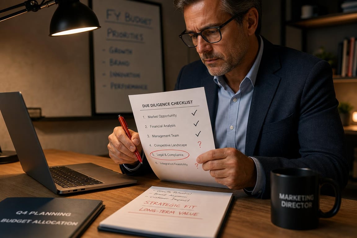 Man reviewing a due diligence checklist with marked items at a desk labeled Q4 planning and budget allocation.